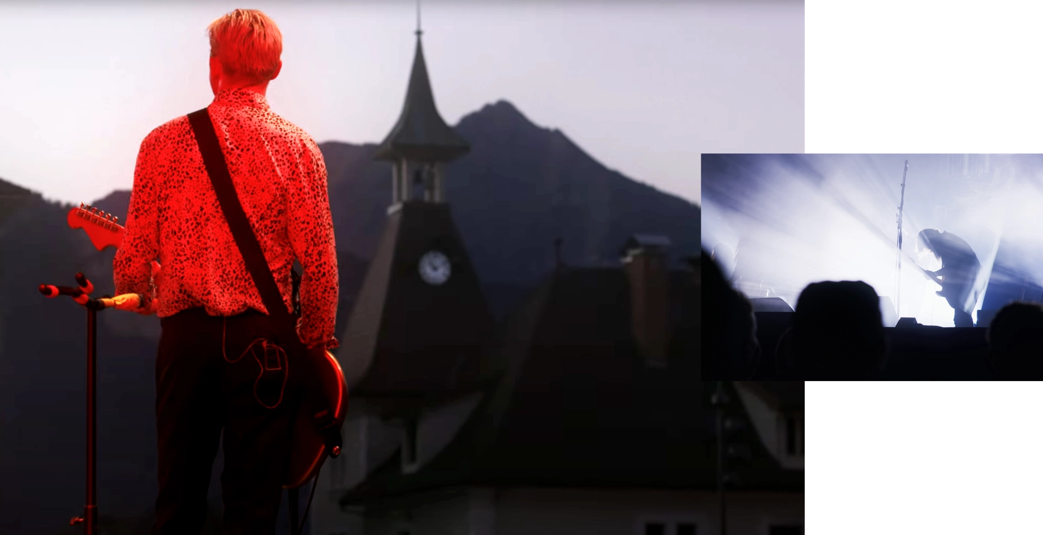 Vue de la mairie de Scionzier depuis la scène du festival Musiques en stock : le bâtiment est au centre du visuel totem de l'événement haut-savoyard