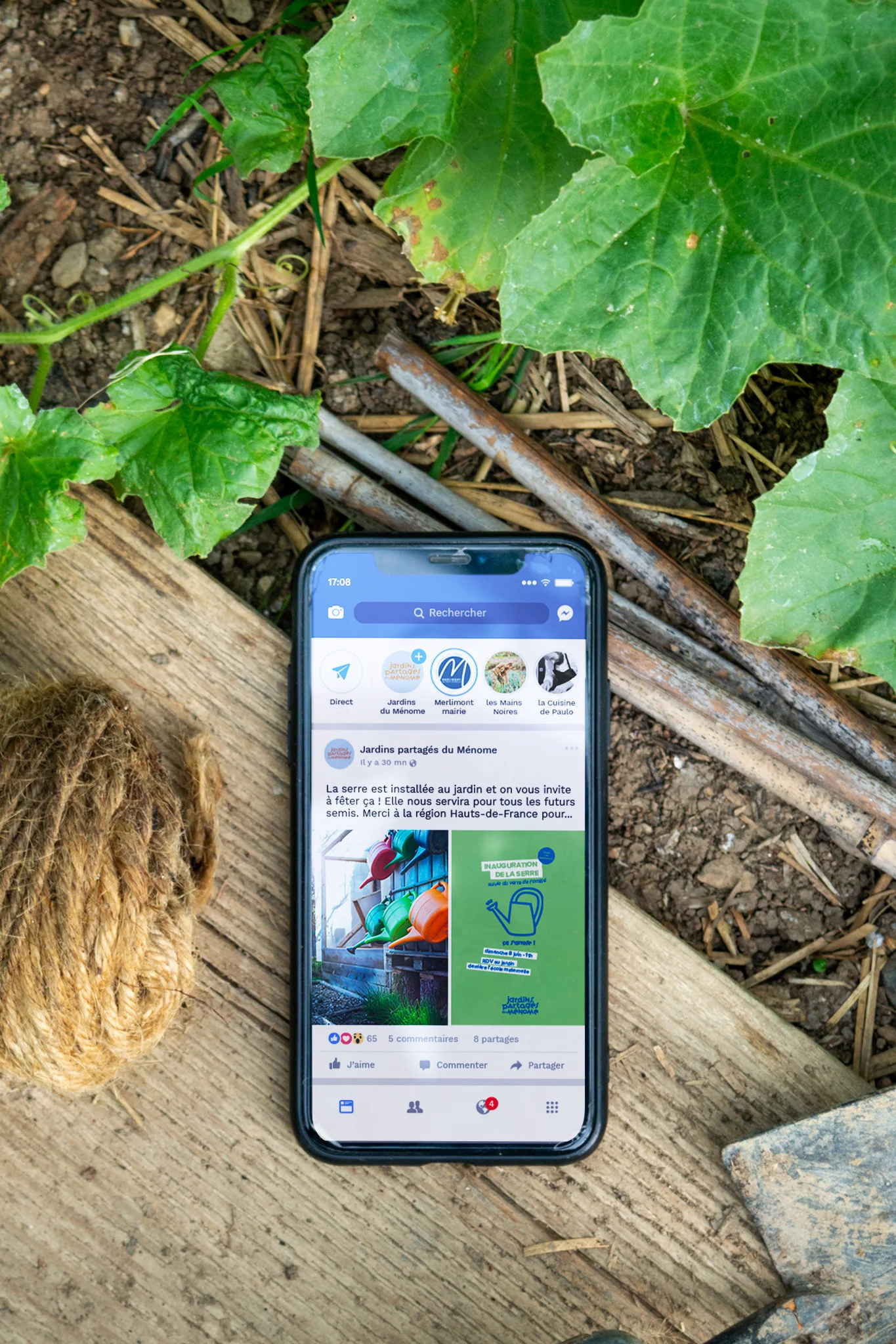 Vue d'un post sur Facebook pour les Jardins partagés du Ménome.