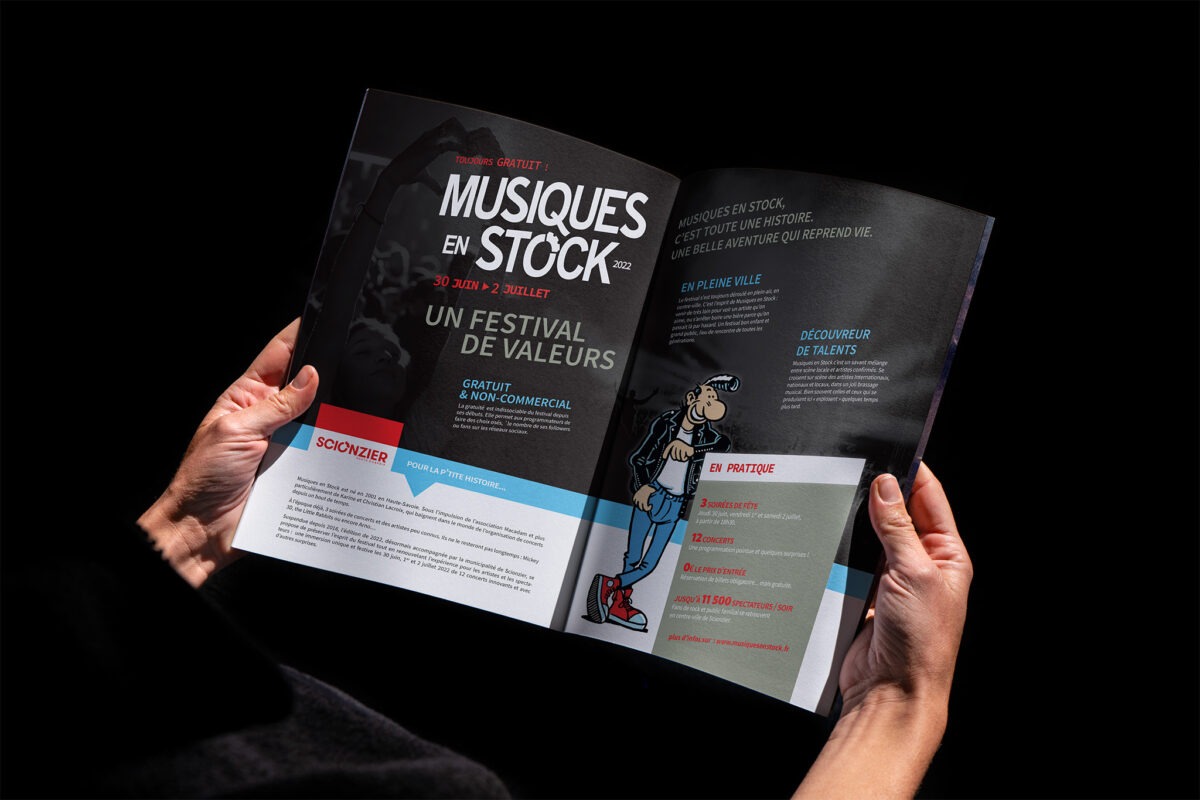 Pages intérieures du dossier de présentation de Musiques en Stock : une mise en page dynamique et aérée pour valoriser le festival