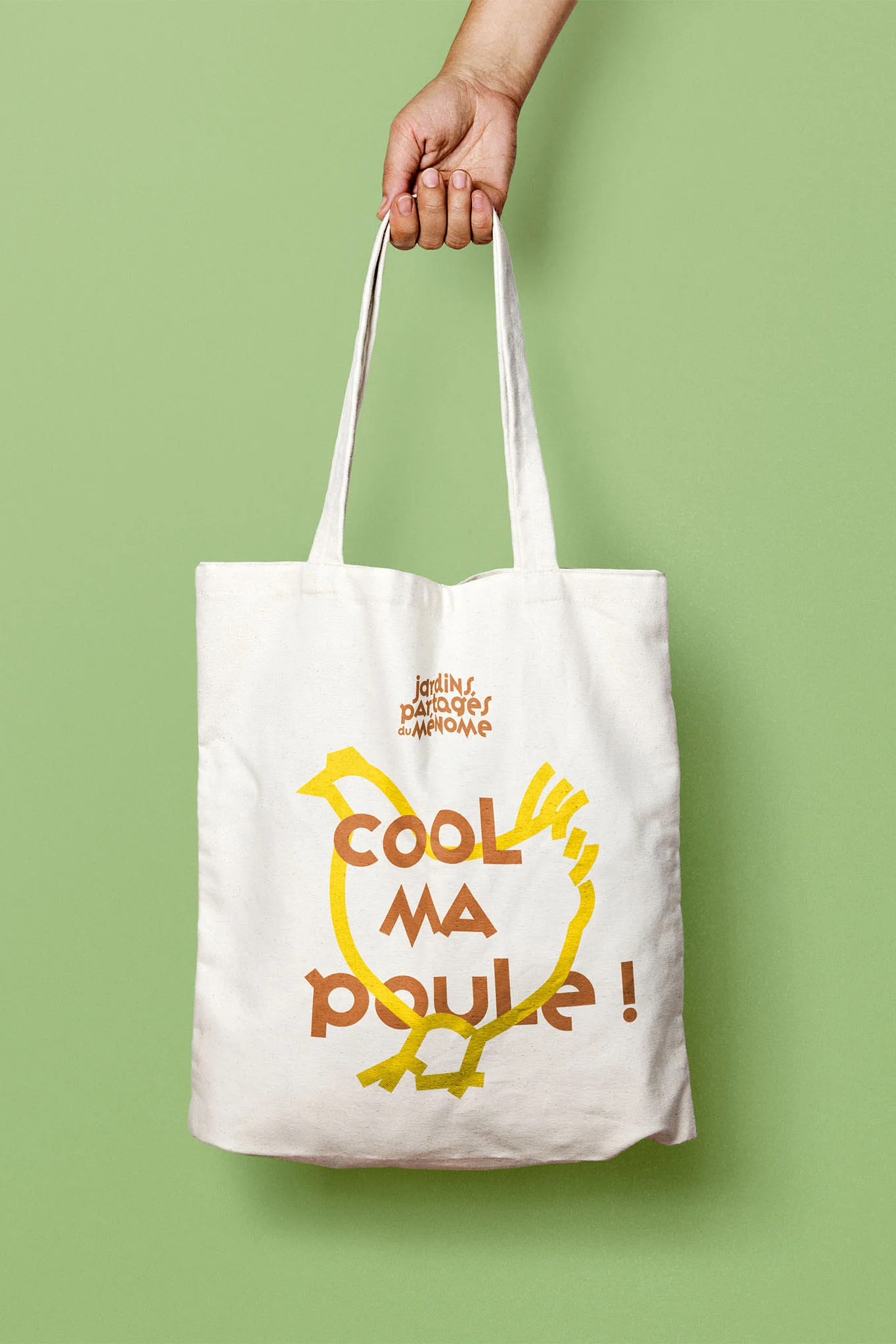 Zoom sur le visuel créé pour le tote bag de l'association d'éducation à la permaculture : un rédactionnel humoristique accompagne l'un des pictogrammes créés