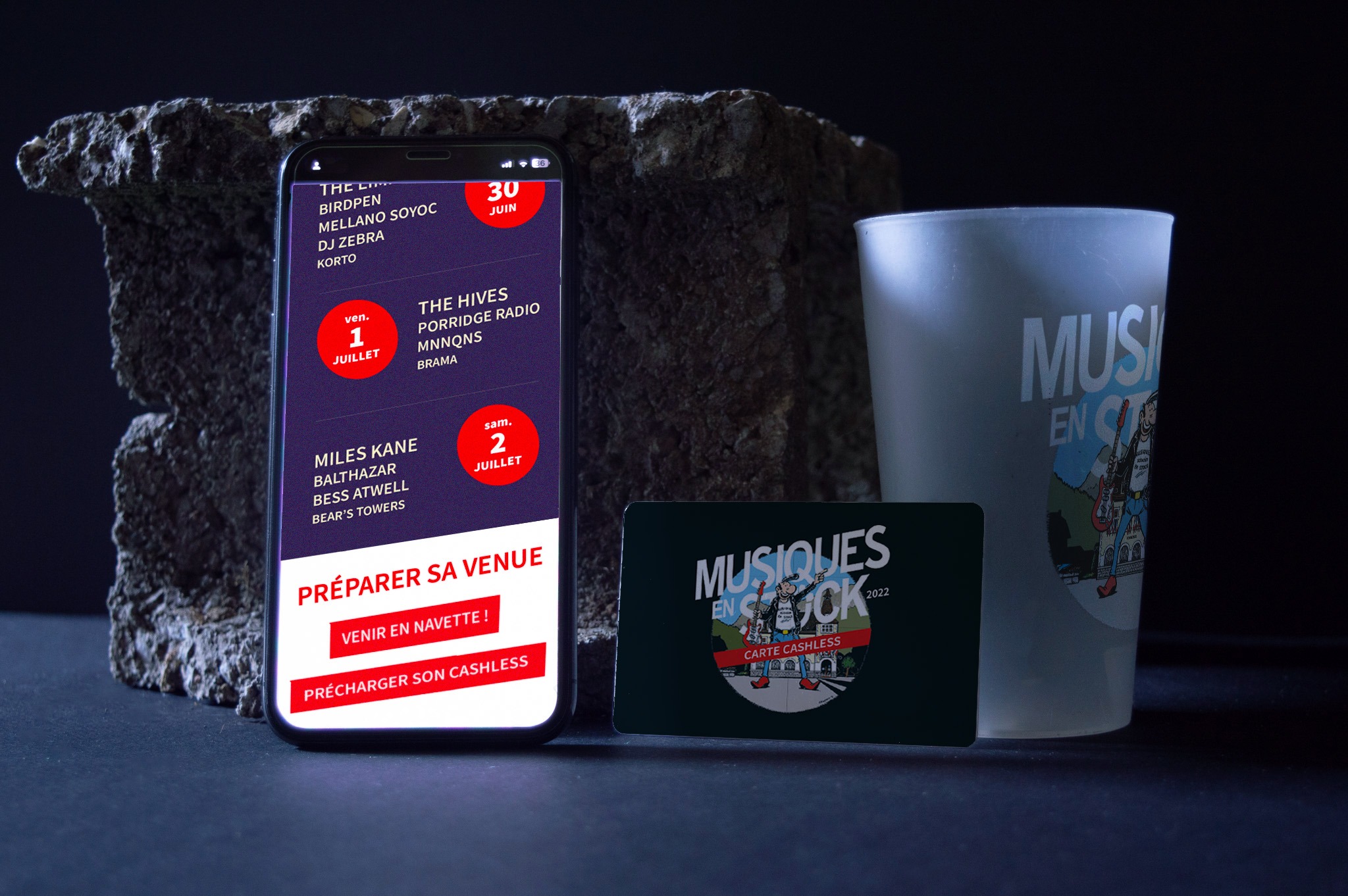 Vue des infos pratiques sur le site mobile, carte cashless et gobelet ecocup personnalisé.