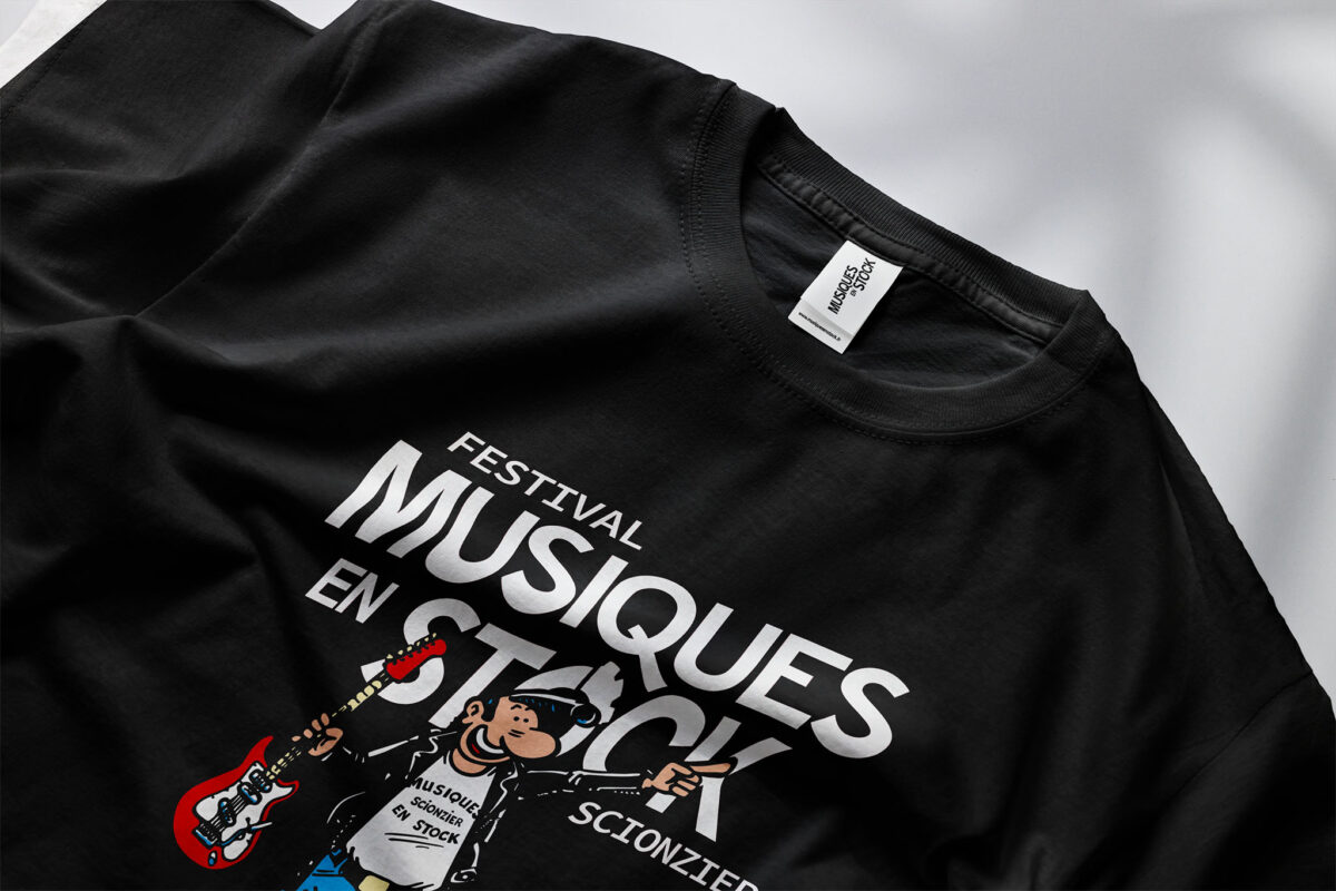 Visuel pour le t-shirt des bénévoles sur le festival Musiques en Stock, en Haute-Savoie